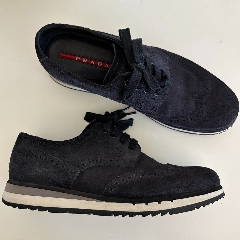 PRADA Suede Lasercut Accents Sneaker Mens 8 Black